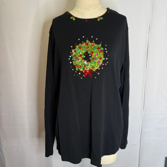 Quacker Factory Vintage Sequin Wreath Christmas Top Black XL Holiday - Picture 2 of 8
